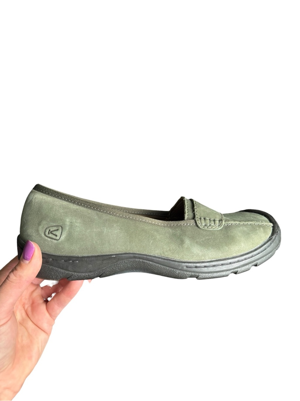 KEEN Cush Women’s 10 Olive Green Leather Slip On Comfort Loafers Shoes